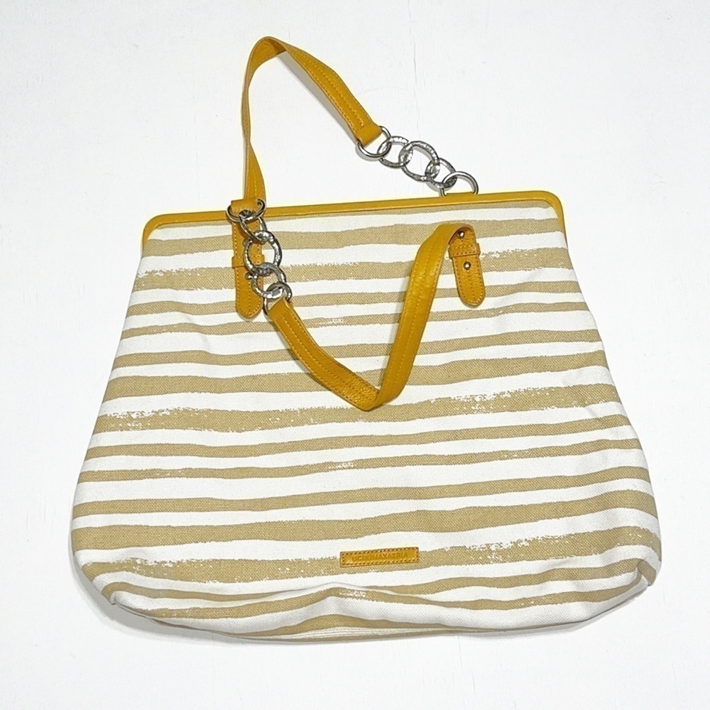 BCBGMaxAzria WHITE Stripe Canvas Summer Shoulder Tote Bag